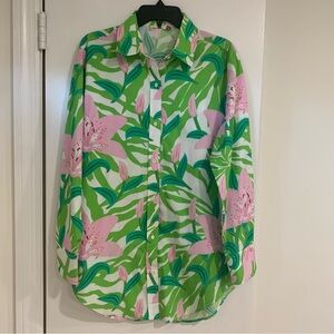 Maude Vivante Pink Lilly Floral Printed Colorful Button Down Shirt Size XL NWOT